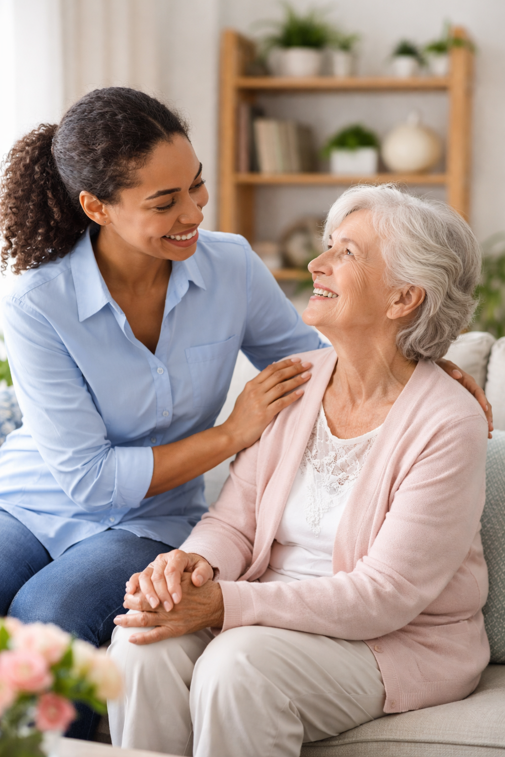 Compassionate caregiver sitting with elderly woman at home providing companionship and emotional support