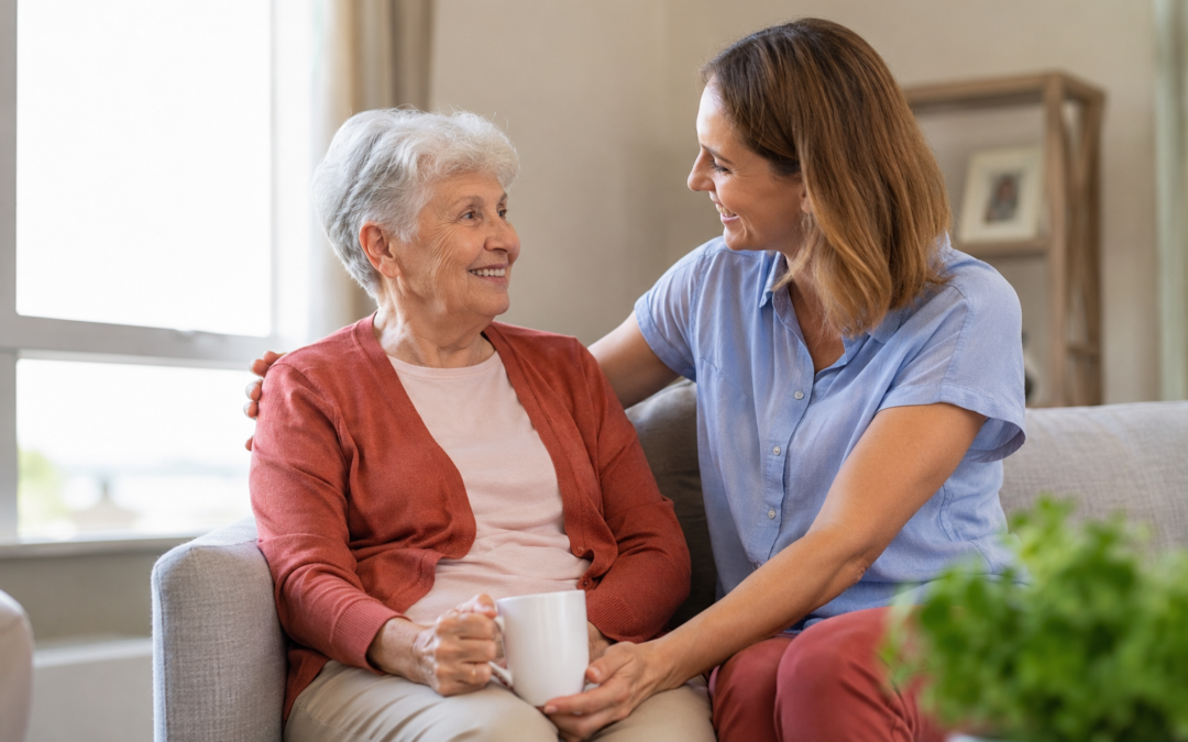 Caregiver providing compassionate in-home support to an older adult, promoting aging well at home and independent living