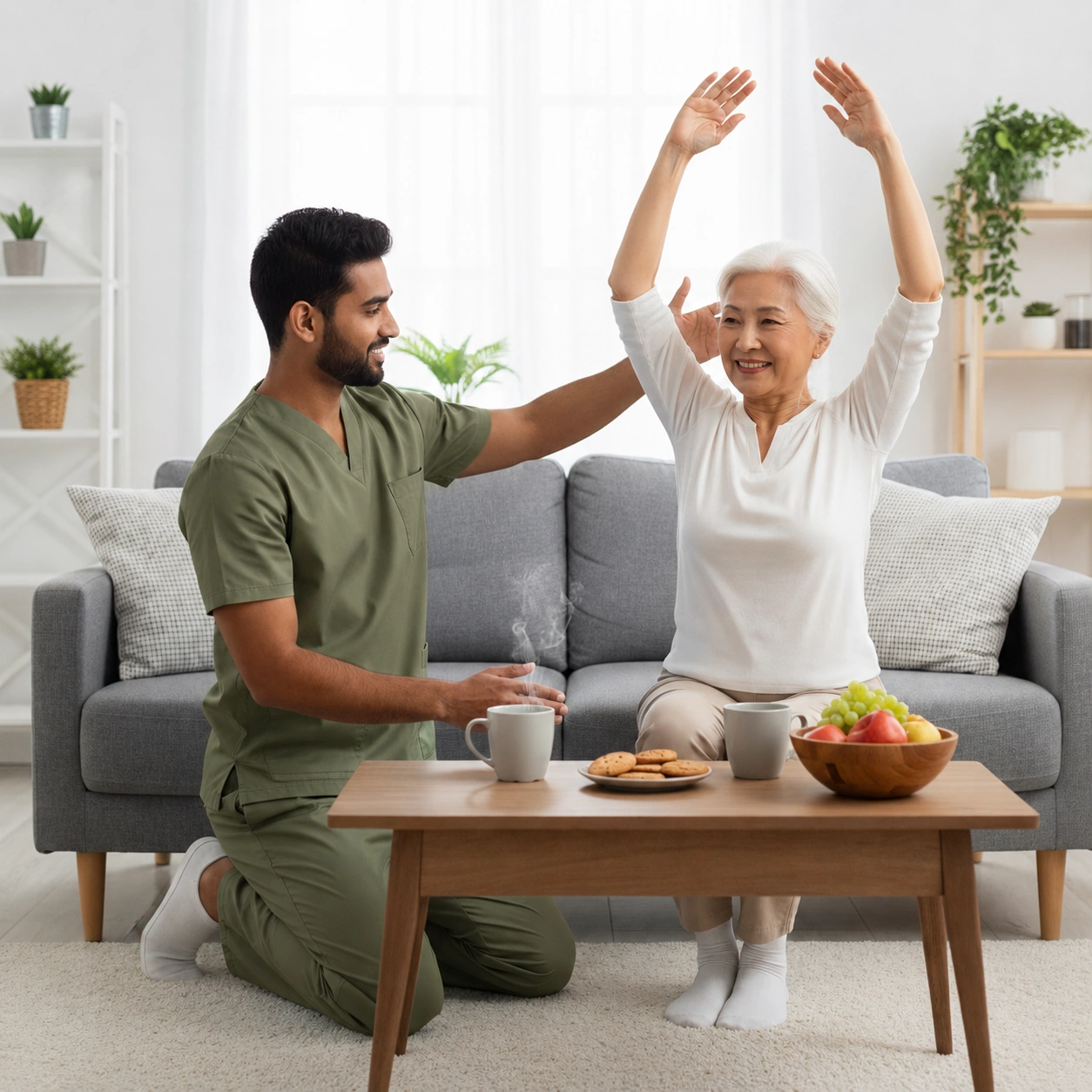 male caregiver helping asian senior do stretching