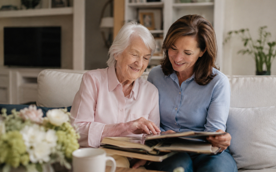 Companion caregiver and senior woman looking through a photo album together at home to support emotional and cognitive wellness.