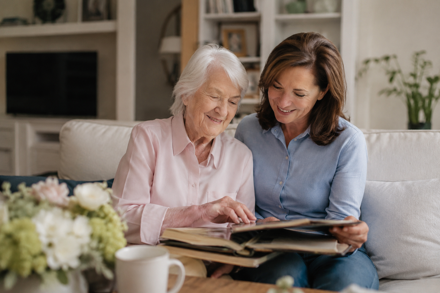 Companion caregiver and senior woman looking through a photo album together at home to support emotional and cognitive wellness.