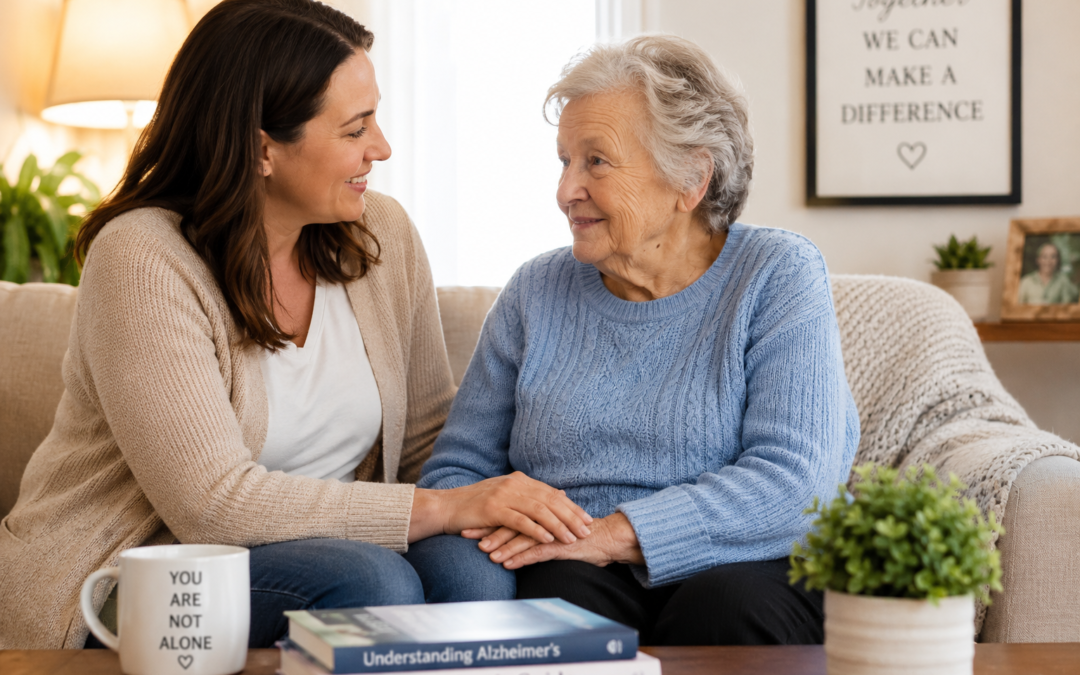 Companion caregiver providing emotional support to an older woman with Alzheimer's disease at home while discussing care and treatment options