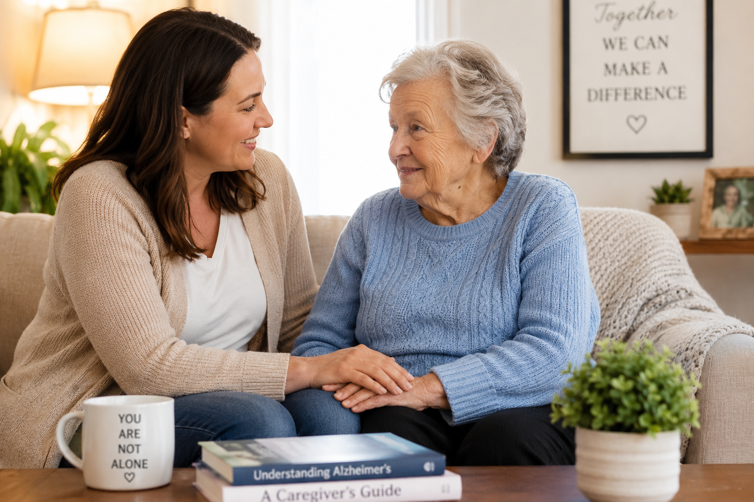 Companion caregiver providing emotional support to an older woman with Alzheimer's disease at home while discussing care and treatment options