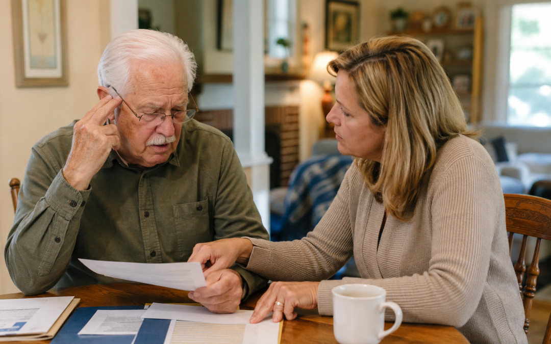 Home caregiver reviewing paperwork with an elderly man at a kitchen table during an in-home care visit.