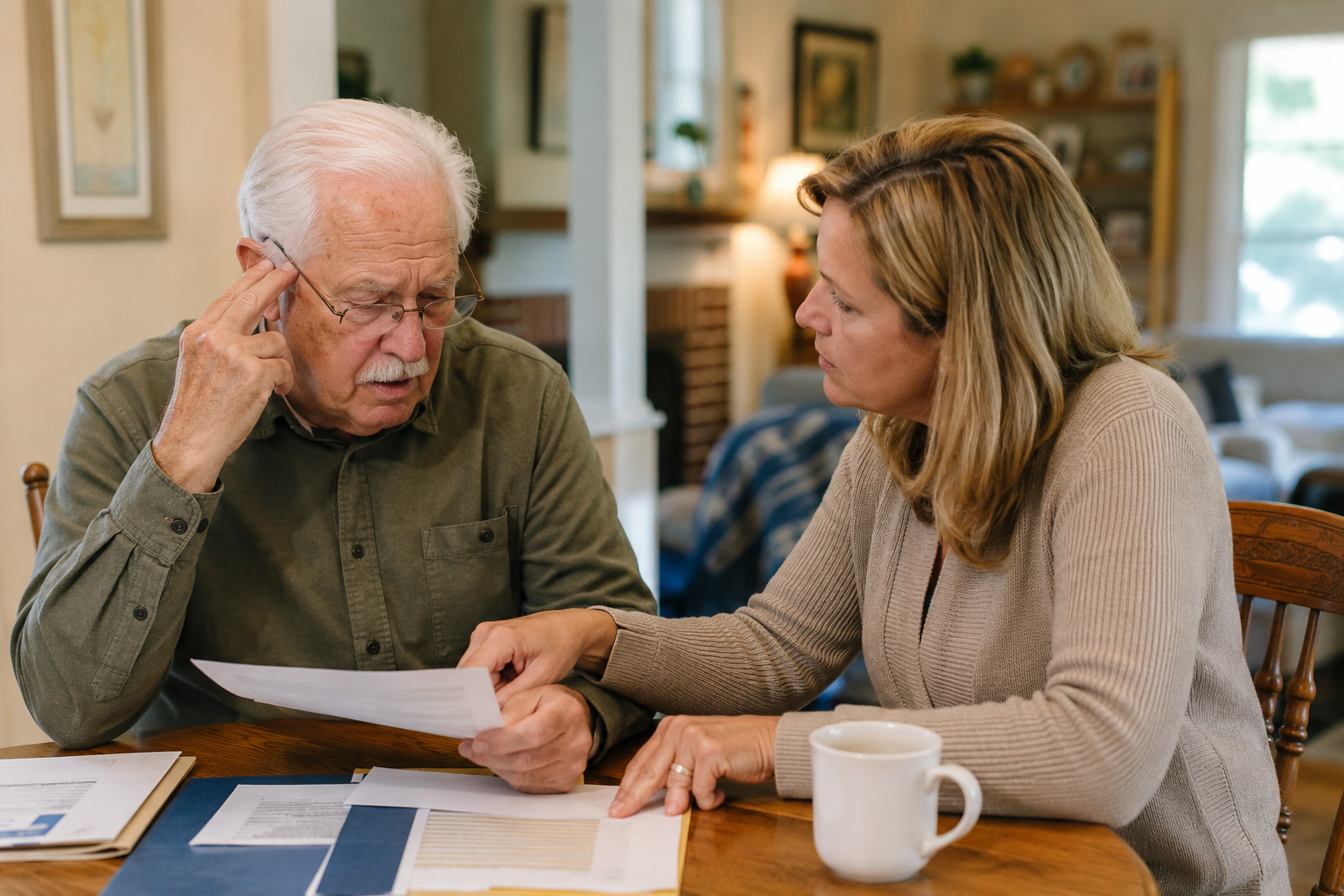 Home caregiver reviewing paperwork with an elderly man at a kitchen table during an in-home care visit.