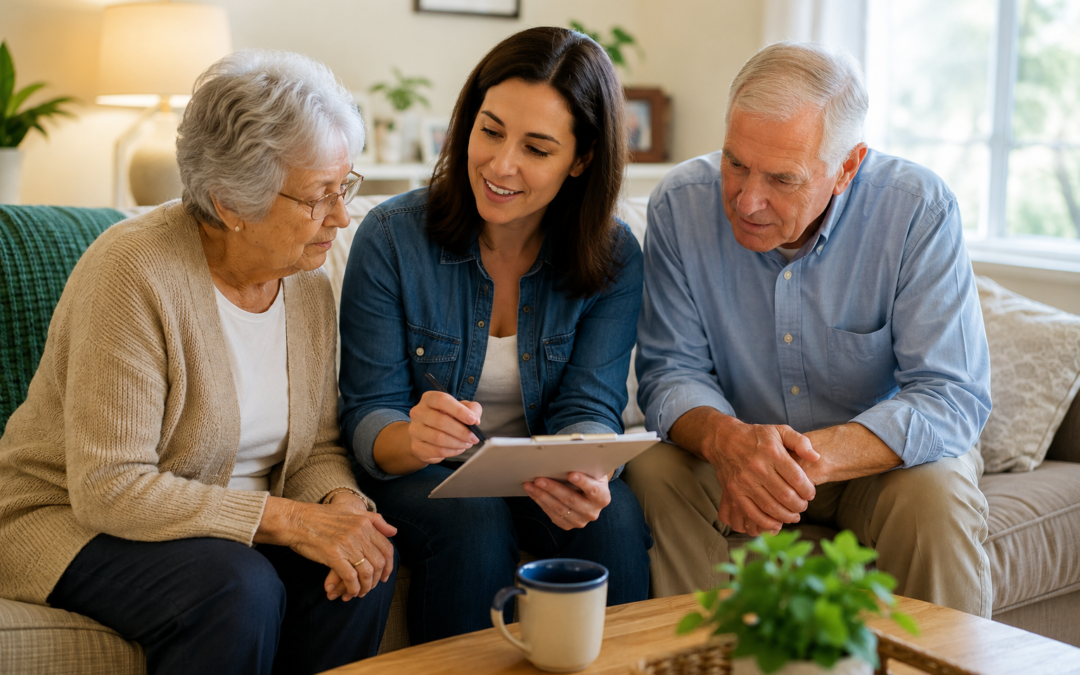 Family caregiver discussing recent advances in Alzheimer's care and treatment options with an older couple during an in home consultation.