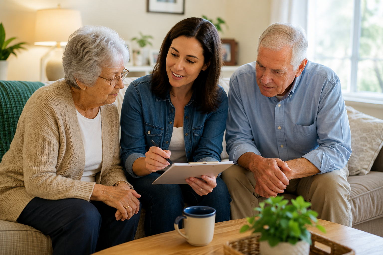 Family caregiver discussing recent advances in Alzheimer's care and treatment options with an older couple during an in home consultation.