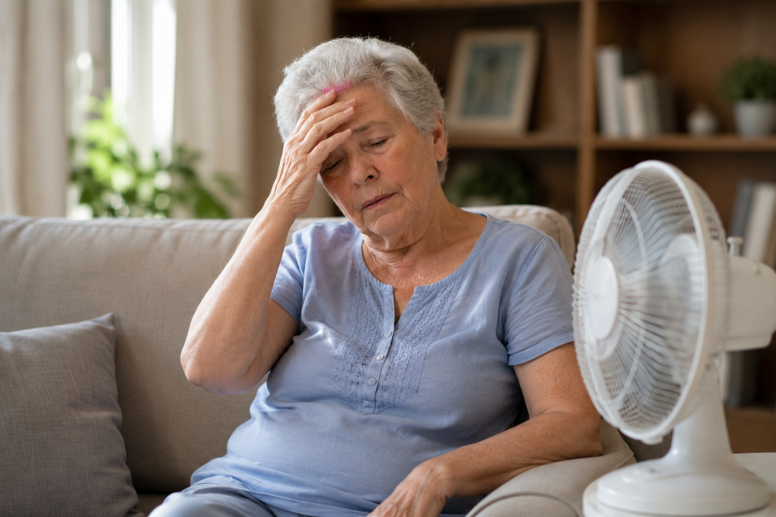 Older adult experiencing summer heat discomfort at home, highlighting summer heat risks for older adults.