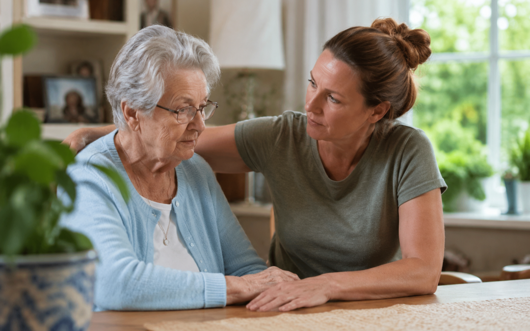 Caregiver providing support to an older adult at home during late summer