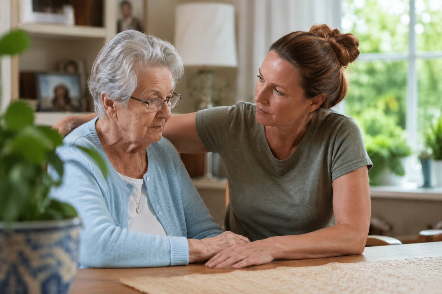 Caregiver providing support to an older adult at home during late summer