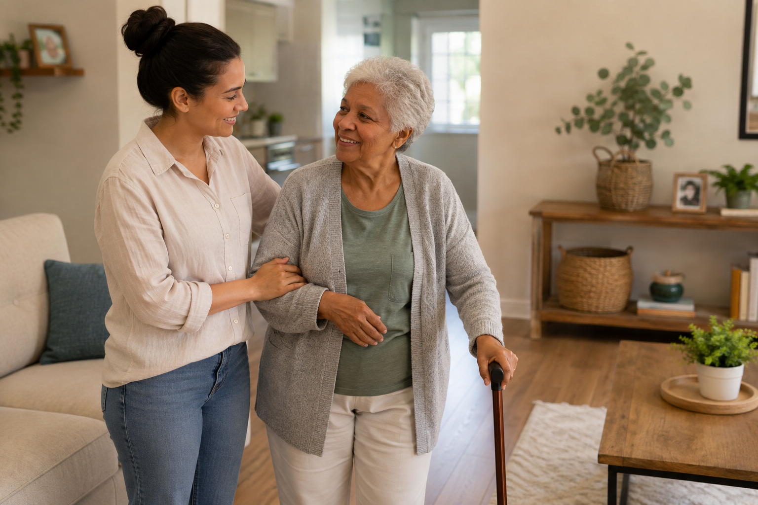 Caregiver supporting an older adult with a cane while walking safely at home