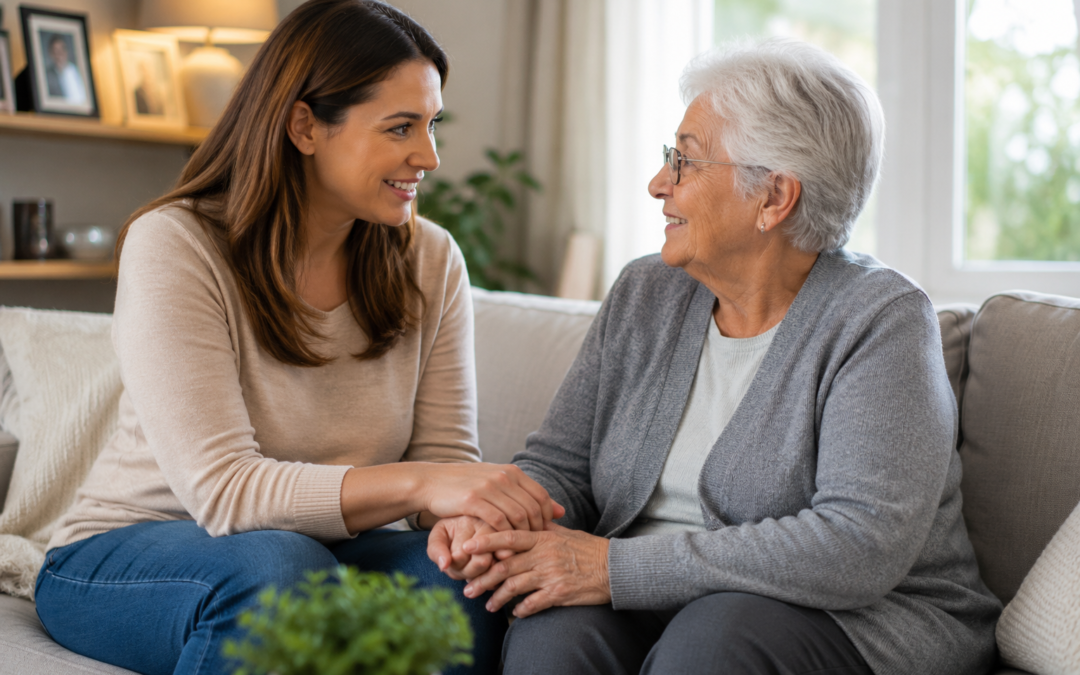 Caregiver in normal clothing spending time with an older adult at home while noticing small changes in daily routines