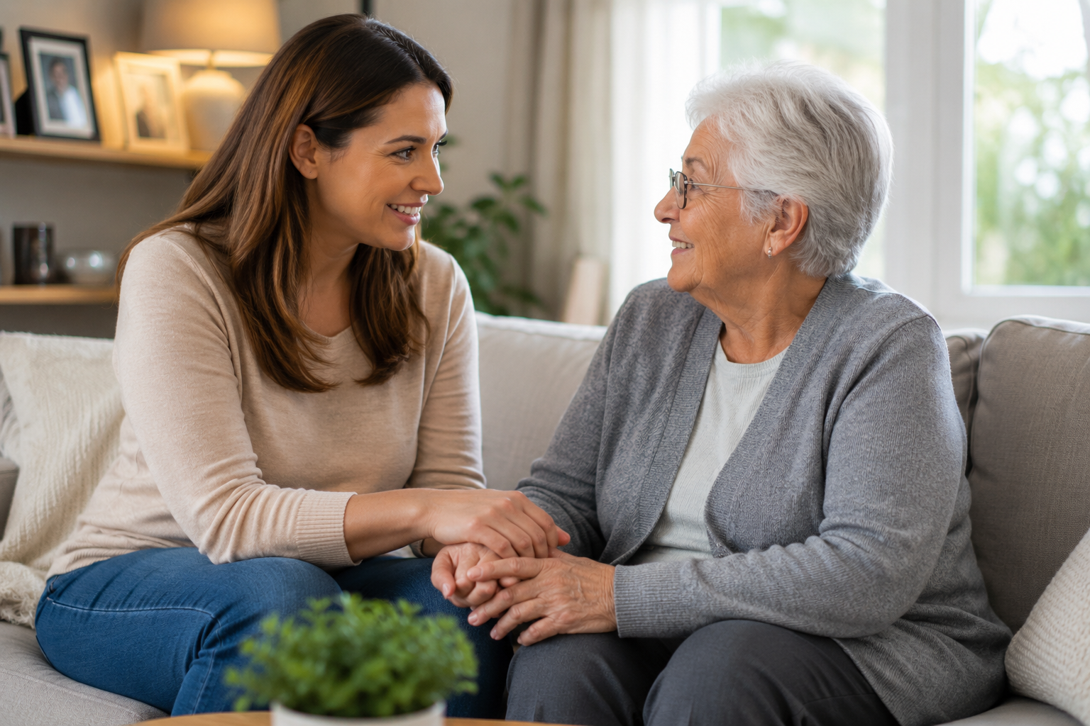 Caregiver in normal clothing spending time with an older adult at home while noticing small changes in daily routines