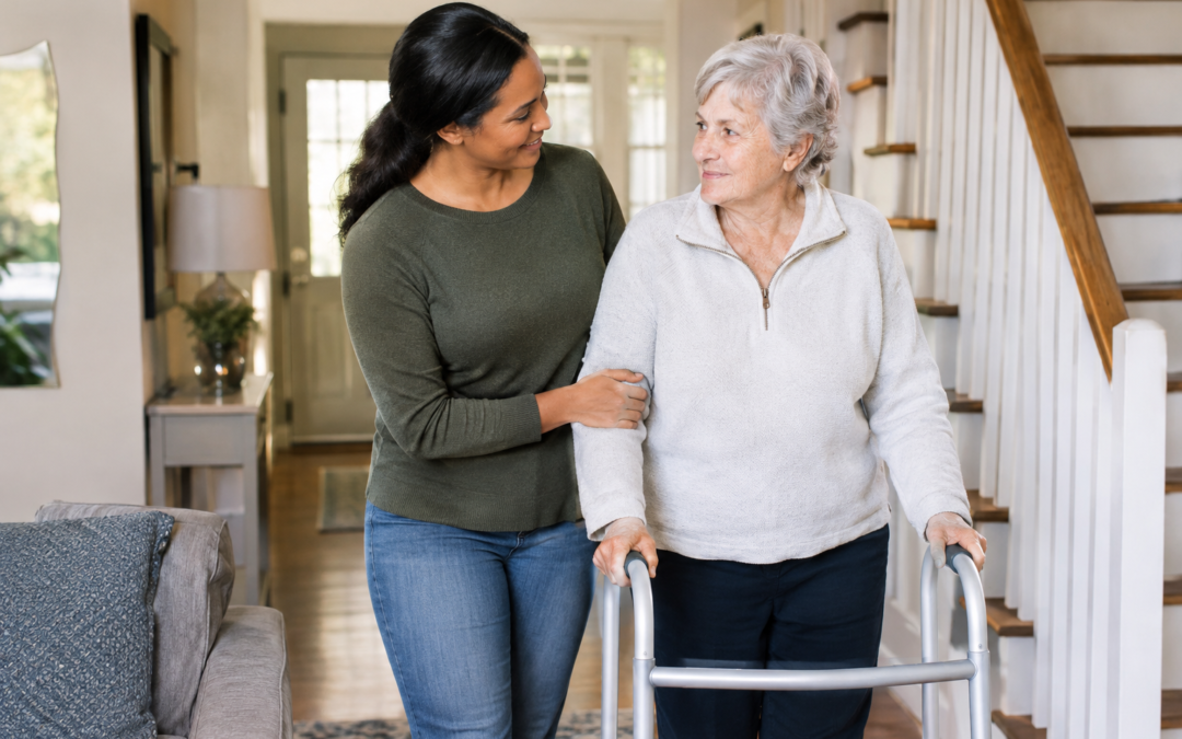 Caregiver helping older adult safely walk with a walker at home