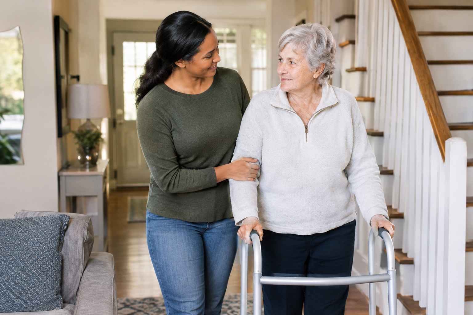 Caregiver helping older adult safely walk with a walker at home