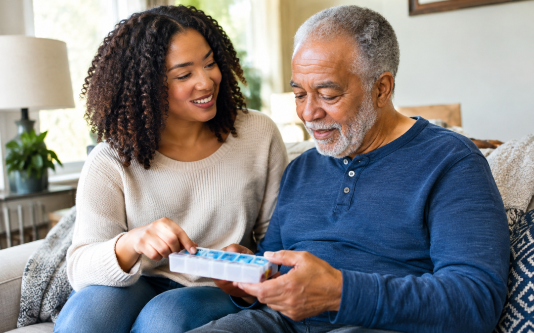 Companion helping an older adult with medication reminders at home