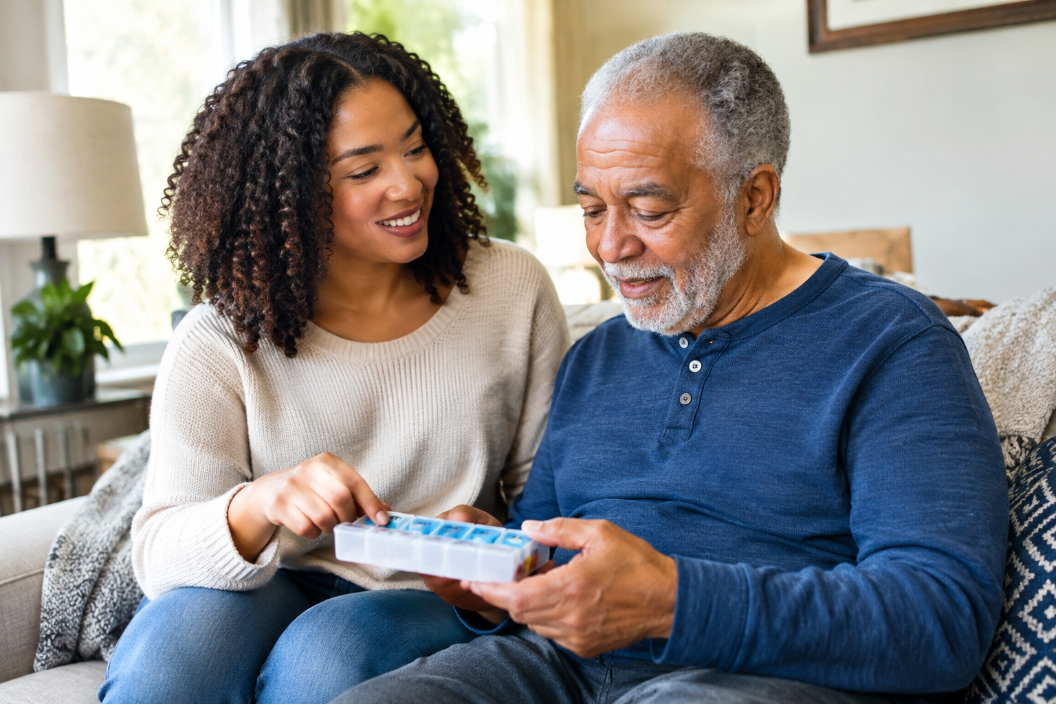 Companion helping an older adult with medication reminders at home