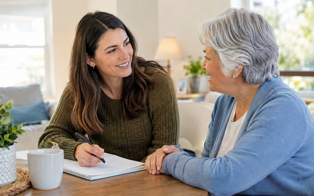 Older woman discussing her care needs with a companion at home