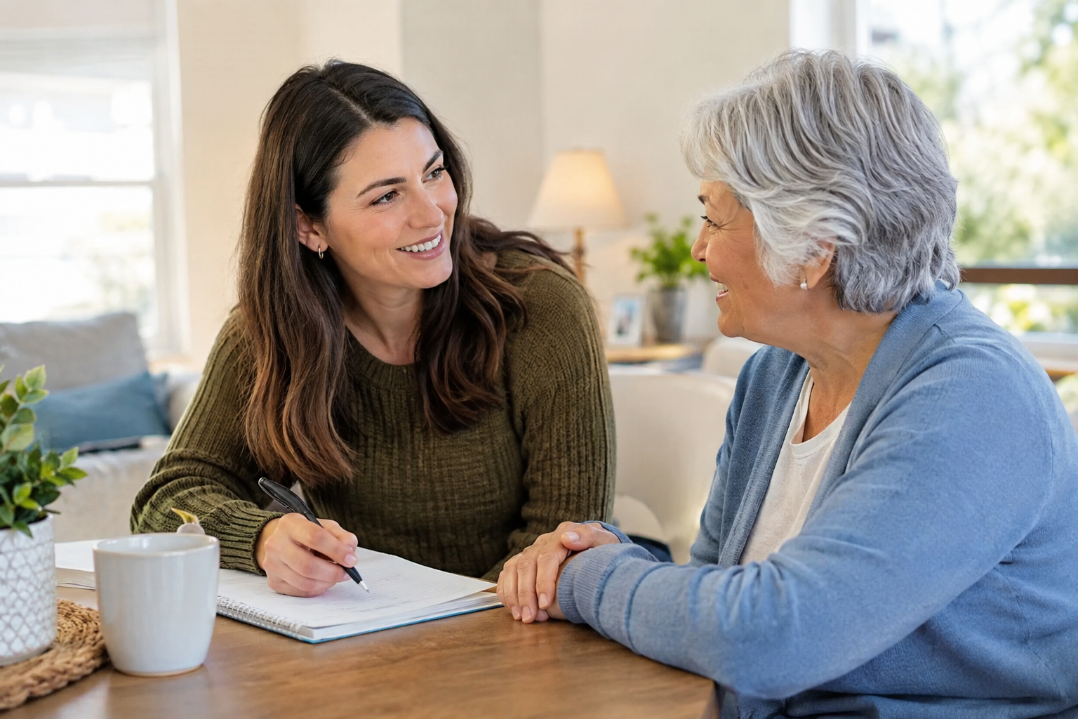 Older woman discussing her care needs with a companion at home