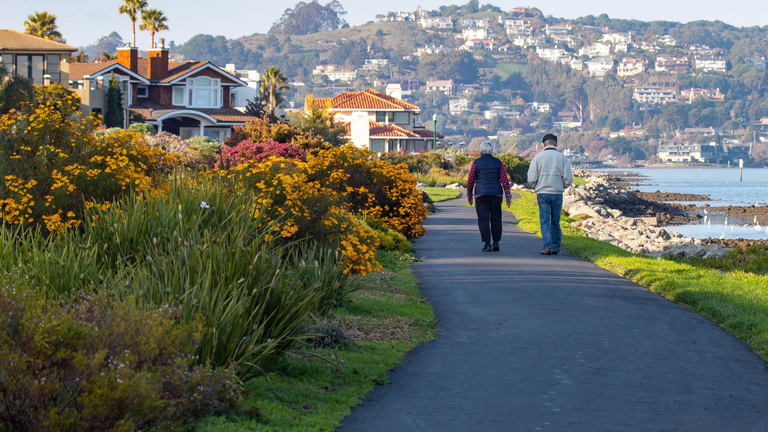 Seniors walking a harborside path in Northport, NY, with home care support for mobility and companionship