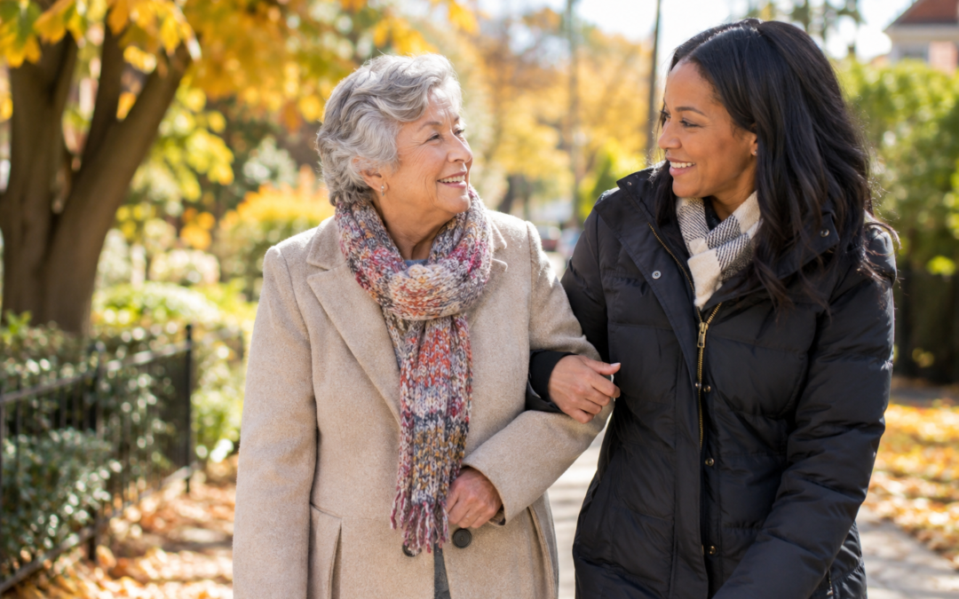 Older adult receiving home companionship and support during fall season.