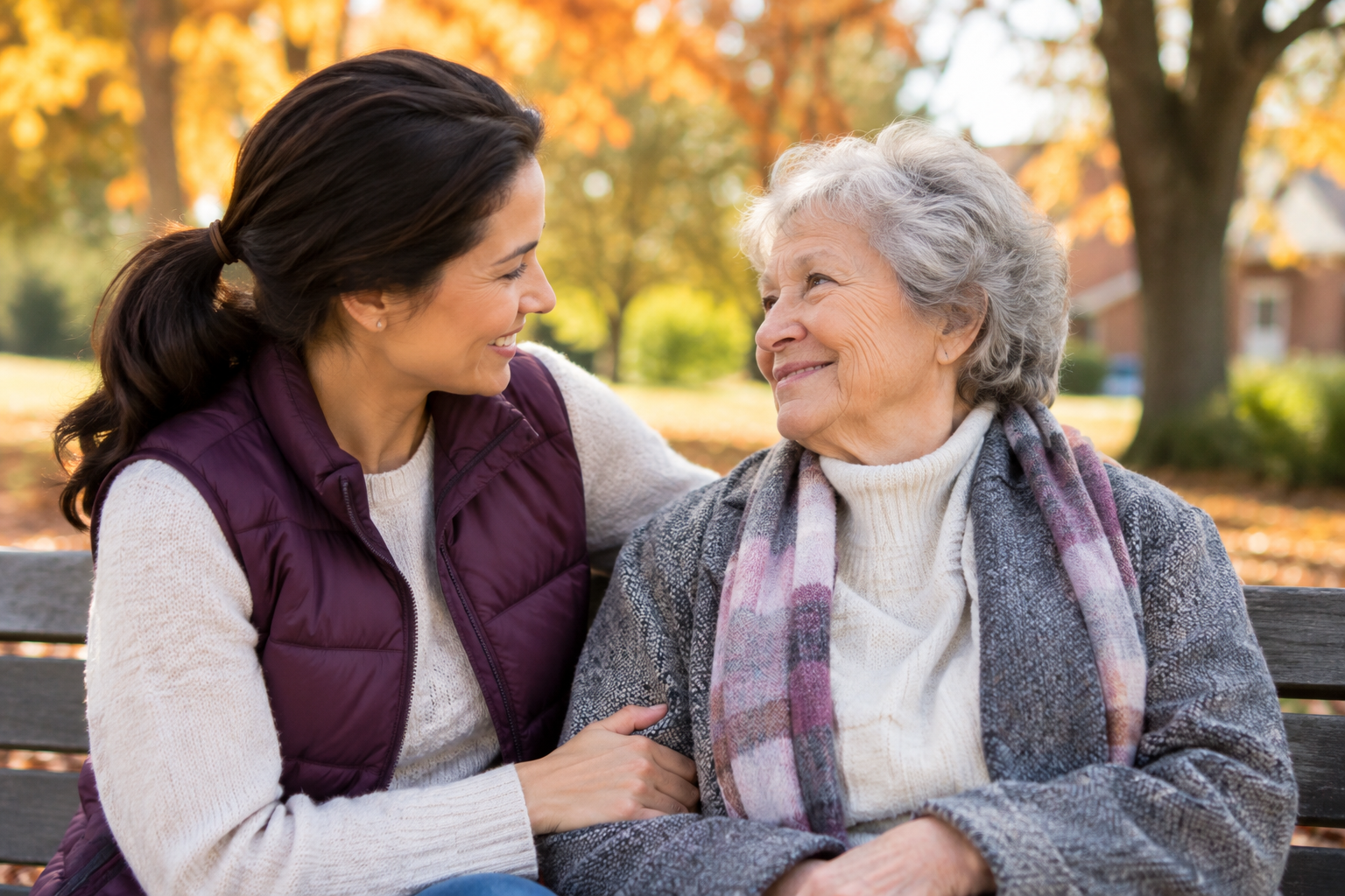 Older adult woman enjoying autumn companionship with a younger woman on a park bench